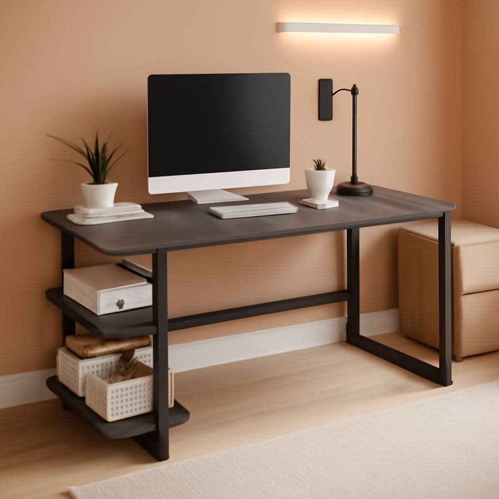 Grey Wood Rustic Industrial Computer Desk With Two Shelves