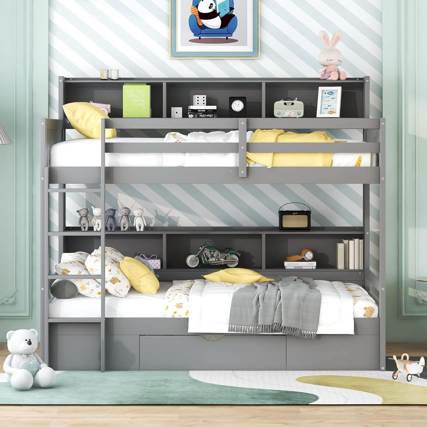 Grey Wood Twin Over Twin Bunk Bed With Storage Shelves And Drawer
