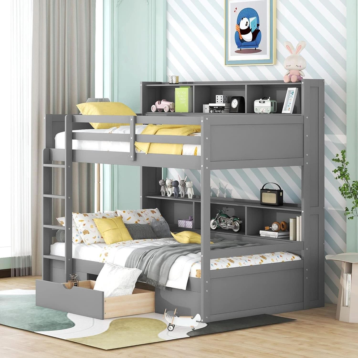 Grey Wood Twin Over Twin Bunk Bed With Storage Shelves And Drawer