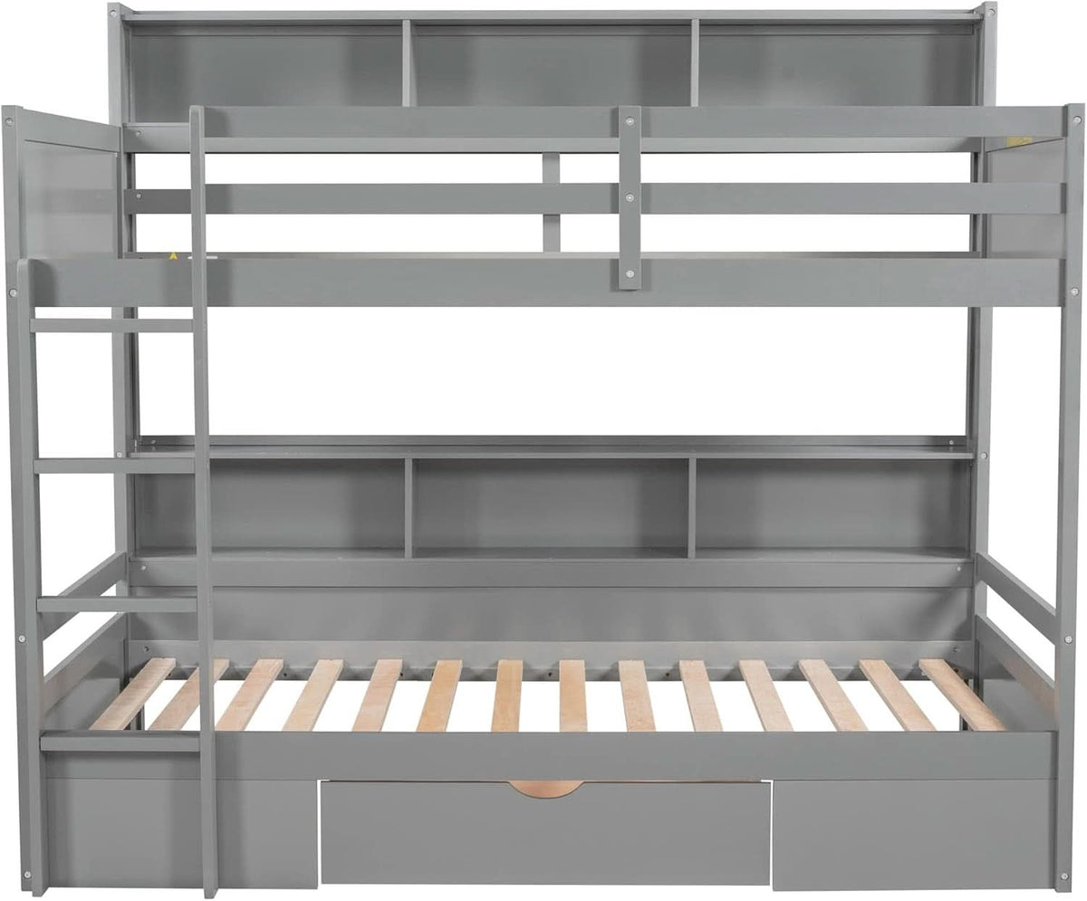 Grey Wood Twin Over Twin Bunk Bed With Storage Shelves And Drawer