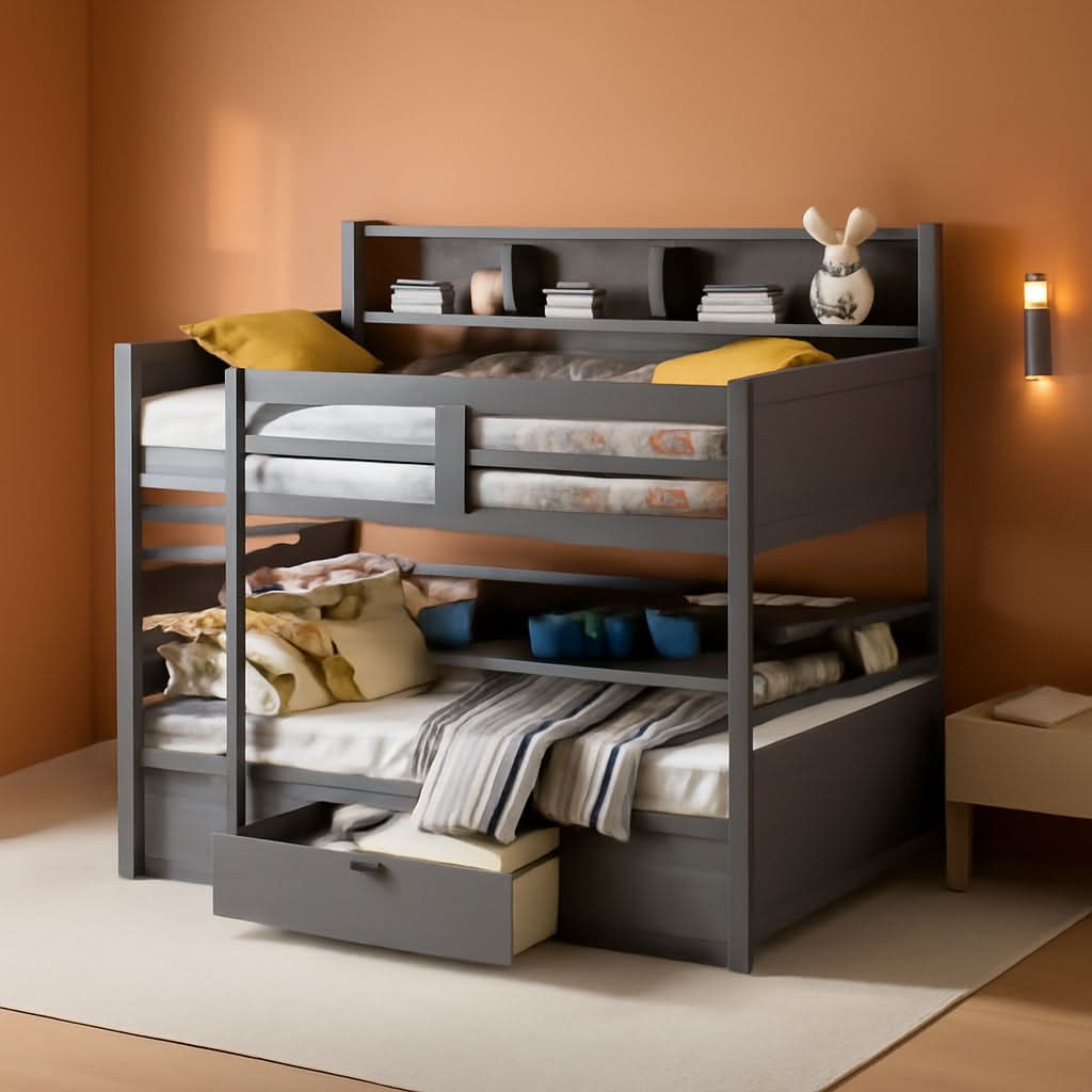 Grey Wood Twin Over Twin Bunk Bed With Storage Shelves And Drawer