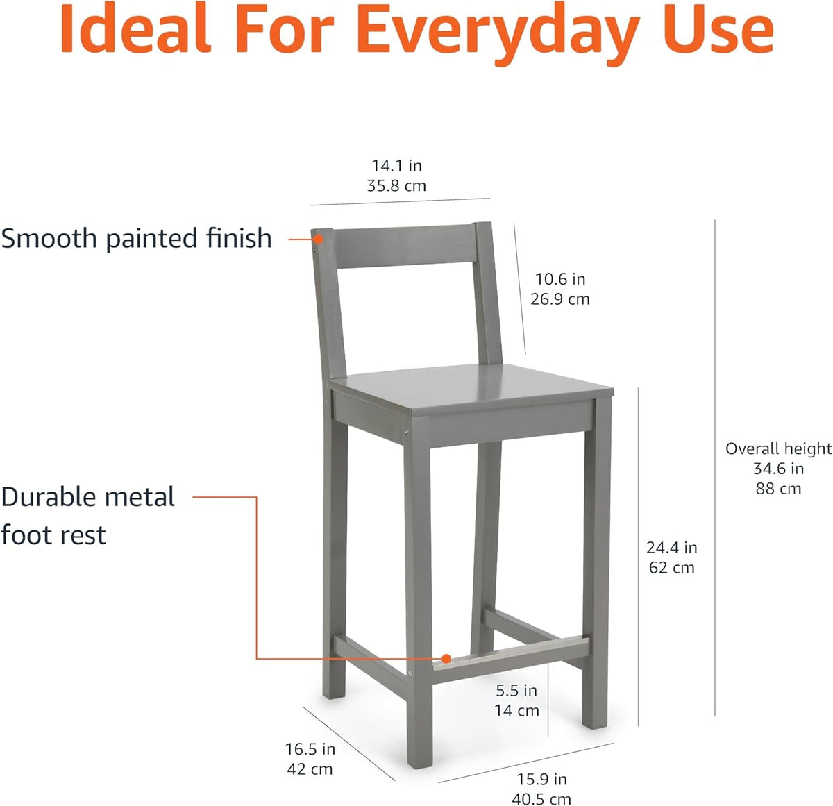 Grey Wooden Bar Stool With Backrest, 34.6 Inch Counter Height, Set Of 2