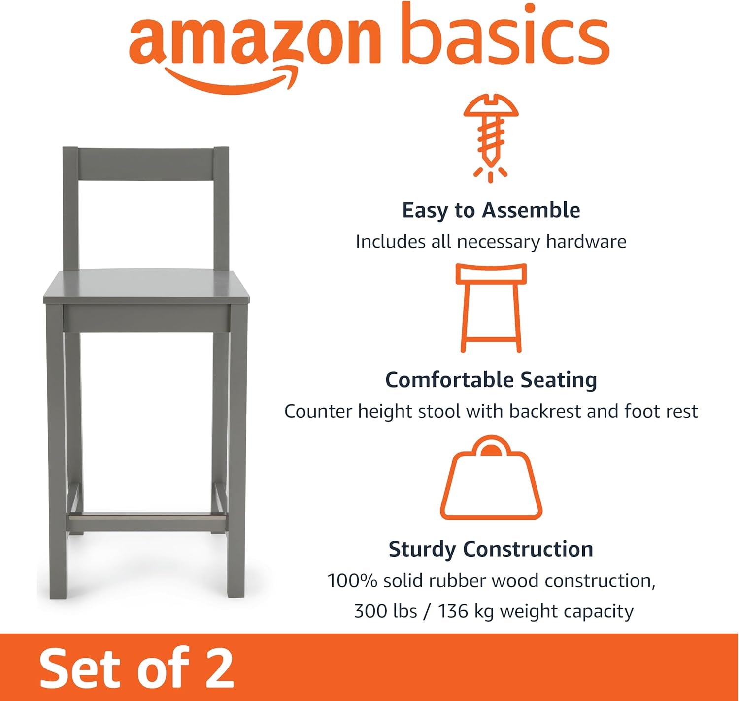 Grey Wooden Bar Stool With Backrest, 34.6 Inch Counter Height, Set Of 2