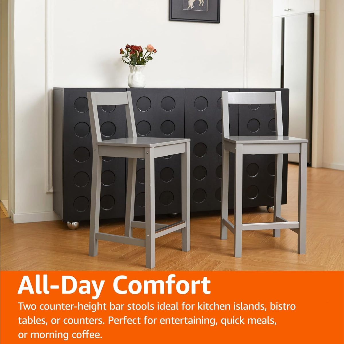 Grey Wooden Bar Stool With Backrest, 34.6 Inch Counter Height, Set Of 2