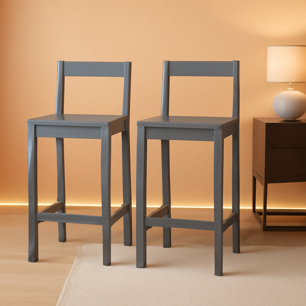 Grey Wooden Bar Stool With Backrest, 34.6 Inch Counter Height, Set Of 2