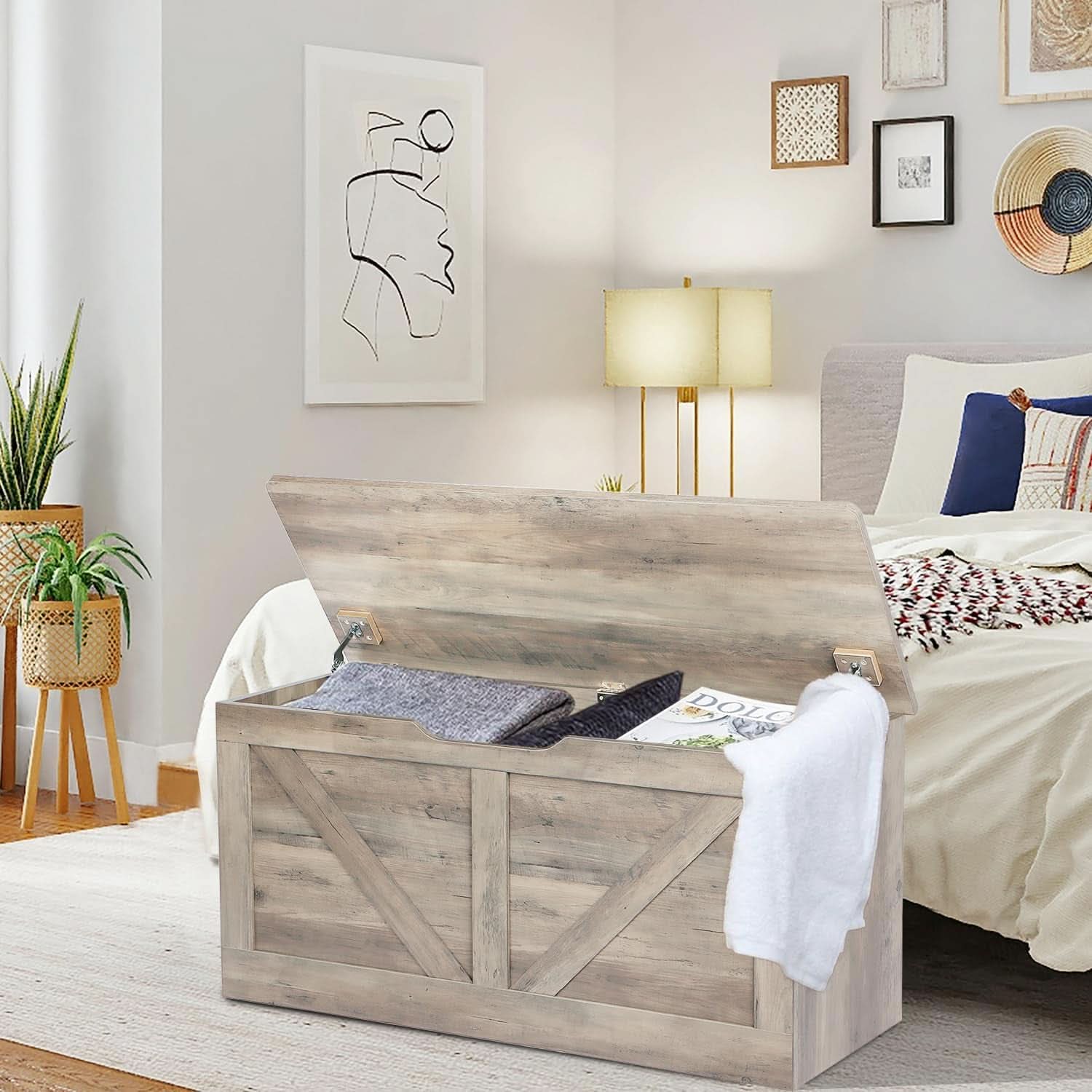 Grey Wooden Entryway Storage Bench Chest With Safety Hinges 39.4 Inch