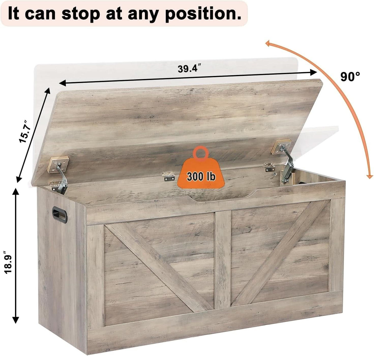 Grey Wooden Entryway Storage Bench Chest With Safety Hinges 39.4 Inch