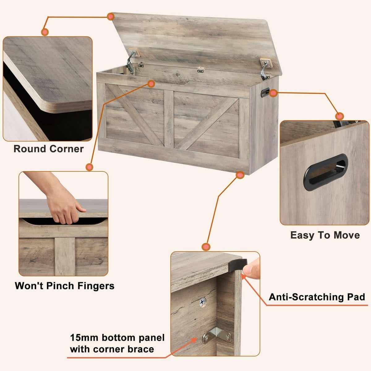 Grey Wooden Entryway Storage Bench Chest With Safety Hinges 39.4 Inch