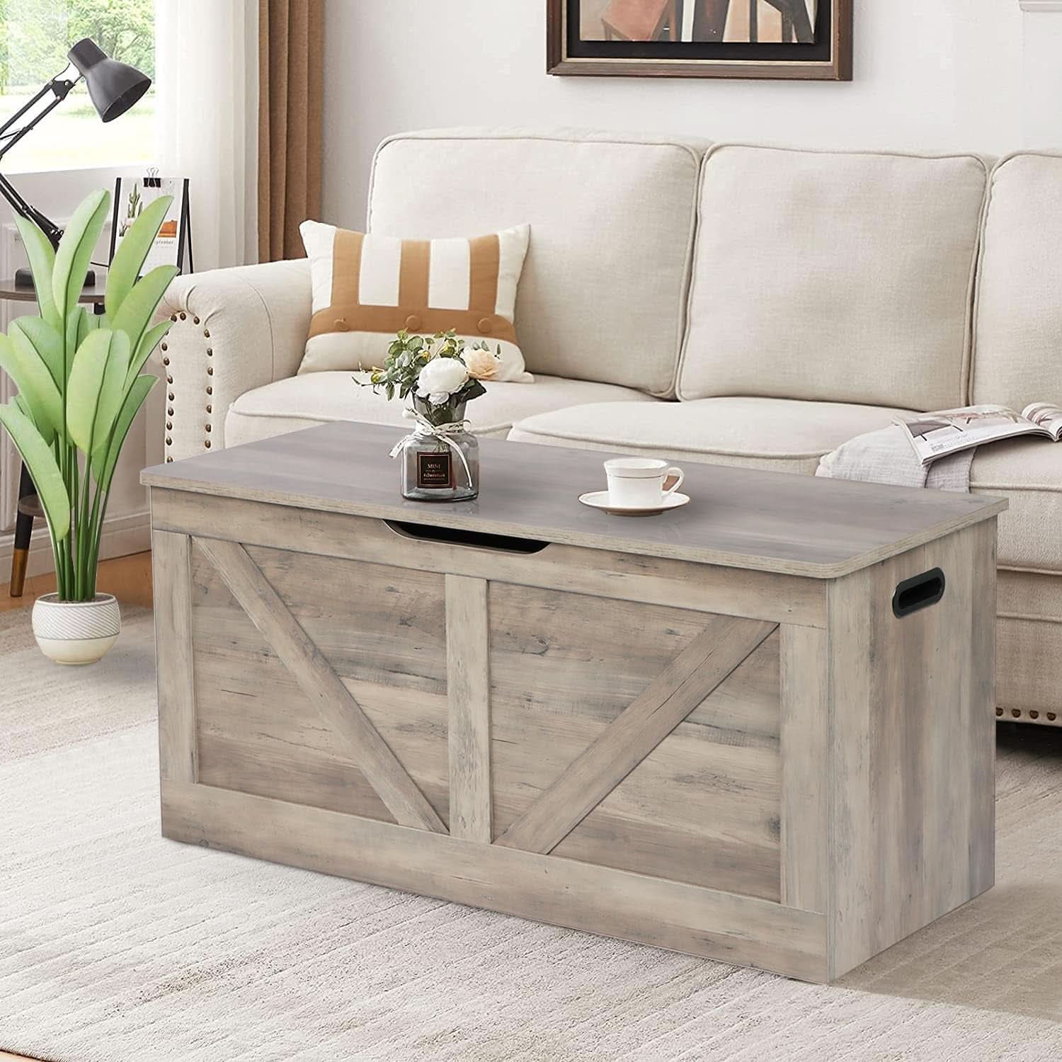 Grey Wooden Entryway Storage Bench Chest With Safety Hinges 39.4 Inch