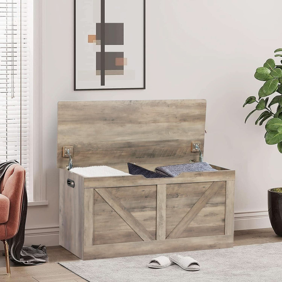 Grey Wooden Entryway Storage Bench Chest With Safety Hinges 39.4 Inch