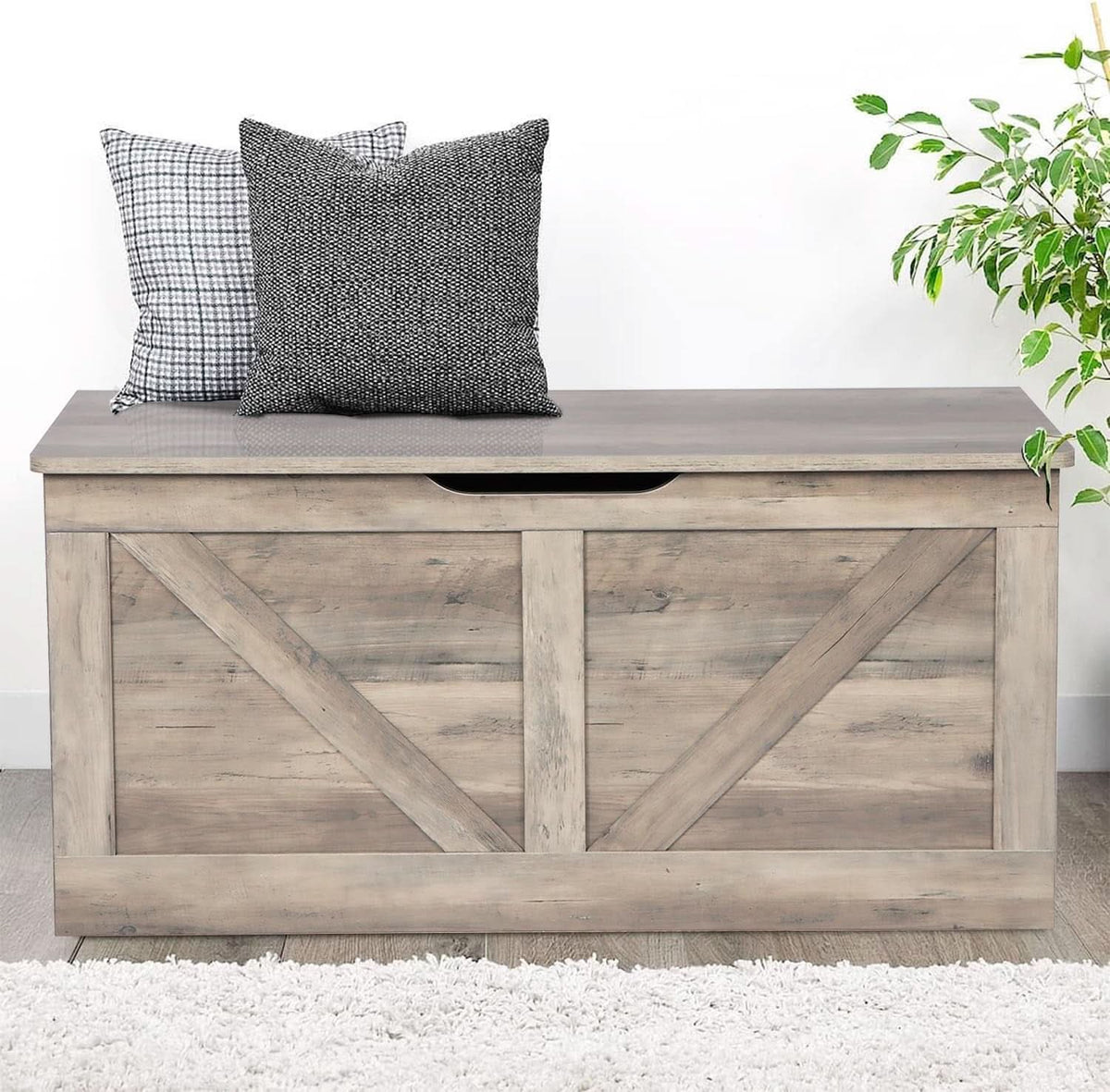 Grey Wooden Entryway Storage Bench Chest With Safety Hinges 39.4 Inch