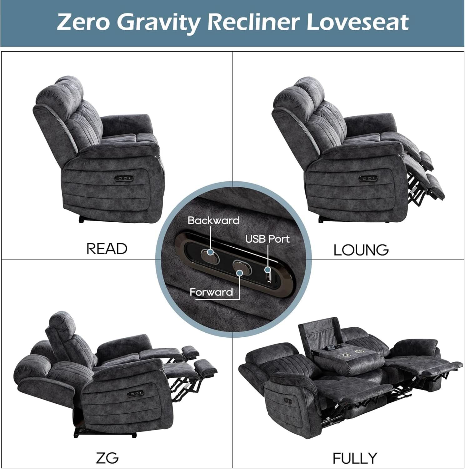 Grey Zero Gravity Reclining Sofa Set With Adjustable Headrest