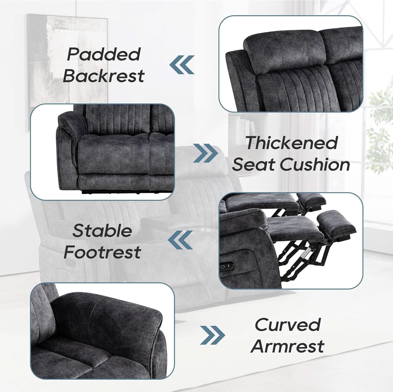 Grey Zero Gravity Reclining Sofa Set With Adjustable Headrest