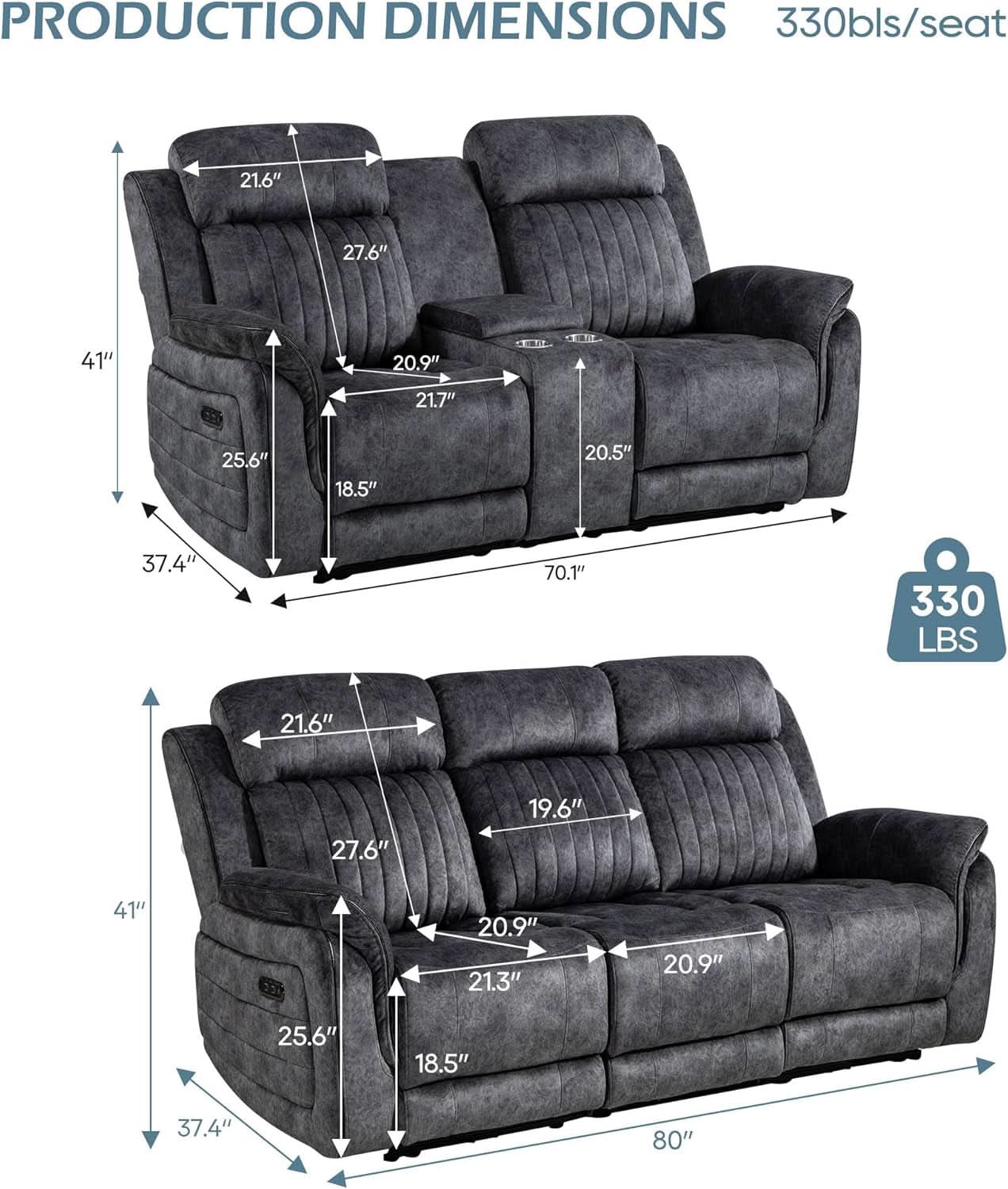 Grey Zero Gravity Reclining Sofa Set With Adjustable Headrest
