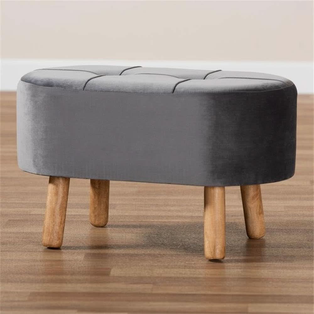 Greyish Velvety Upholstered Wood Ottoman Mid Century