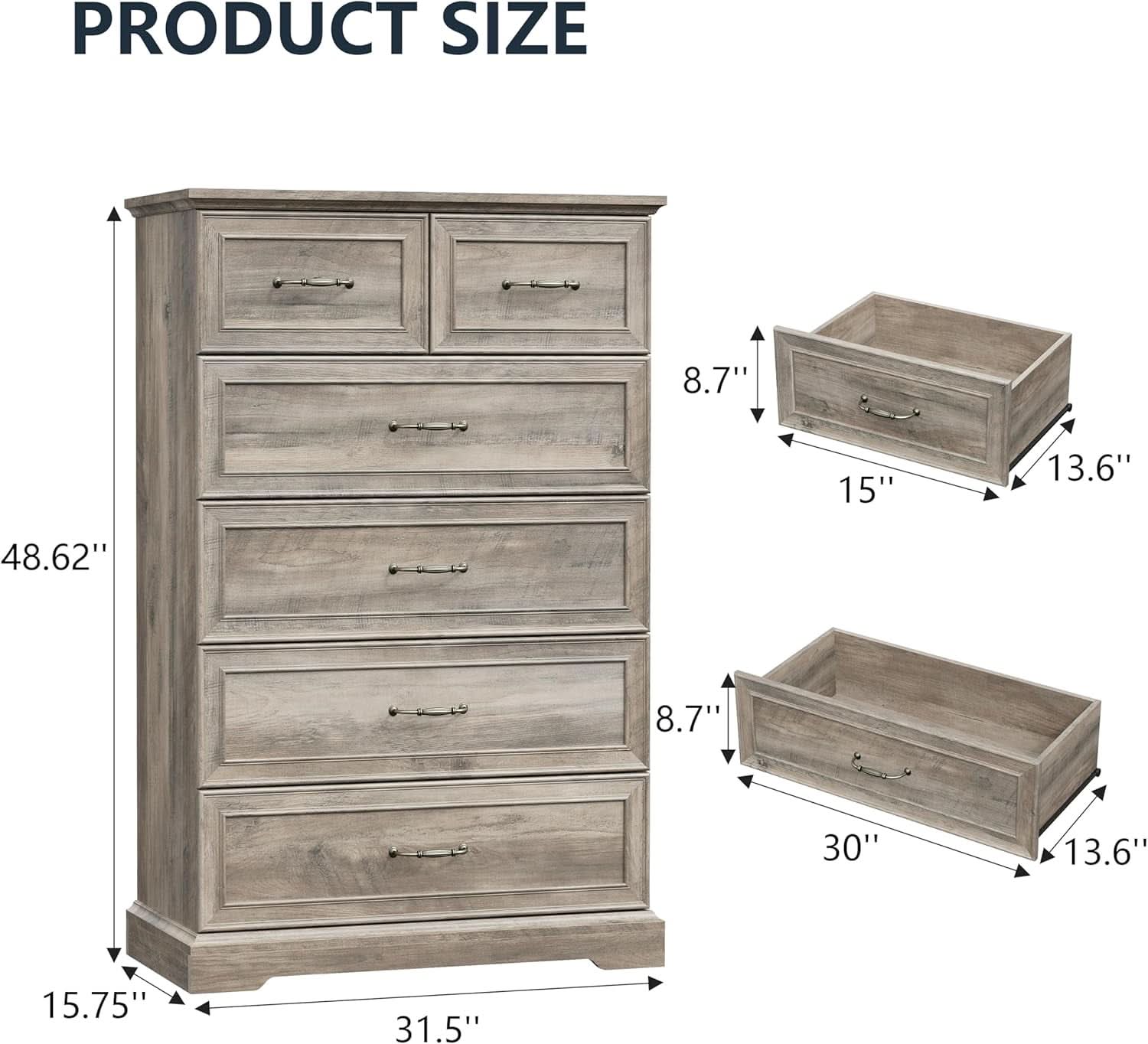 Greywash SolidWood FortyNineInch ExtraTall Six Drawer Dresser
