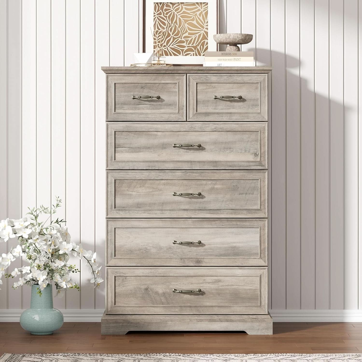 Greywash SolidWood FortyNineInch ExtraTall Six Drawer Dresser