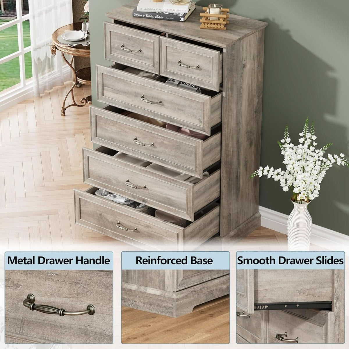Greywash SolidWood FortyNineInch ExtraTall Six Drawer Dresser