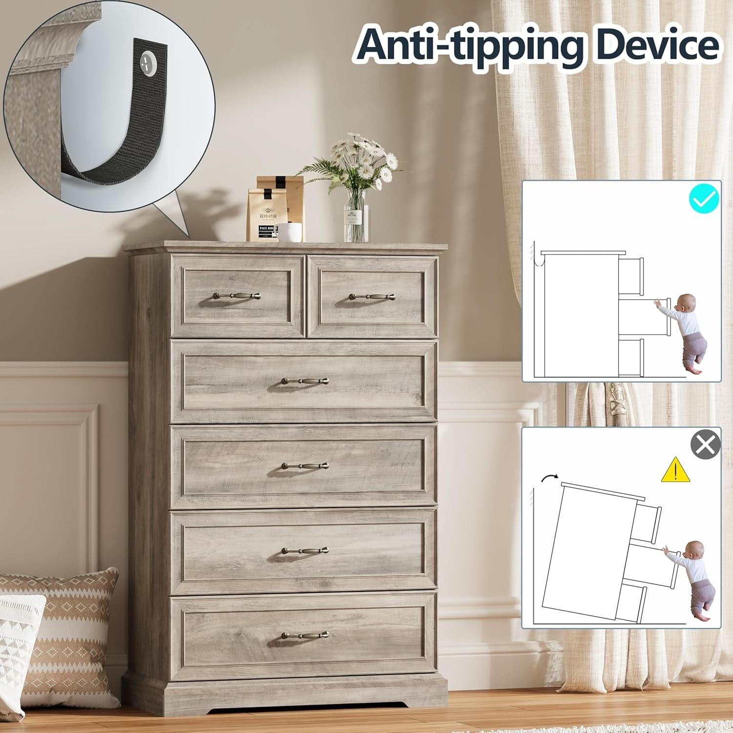 Greywash SolidWood FortyNineInch ExtraTall Six Drawer Dresser