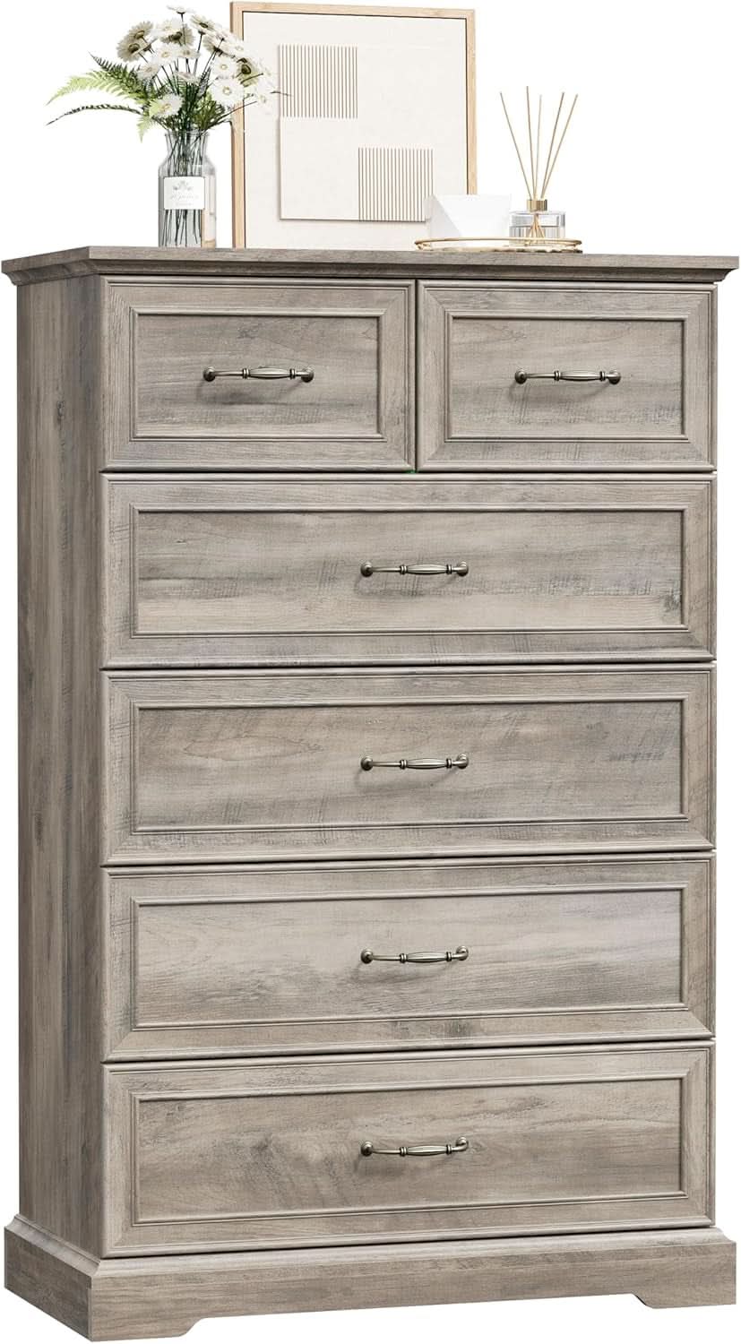 Greywash SolidWood FortyNineInch ExtraTall Six Drawer Dresser