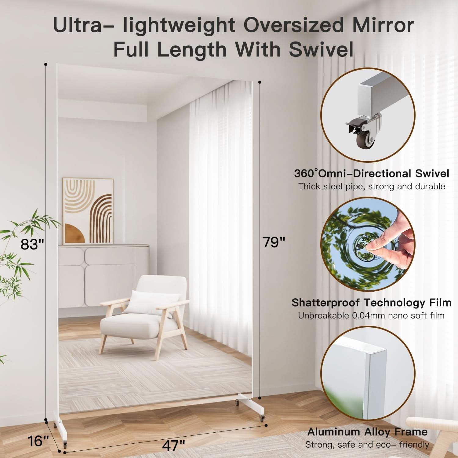 Gym Mirror 79 By 47 Inches 360 Degree Swivel Wheels White
