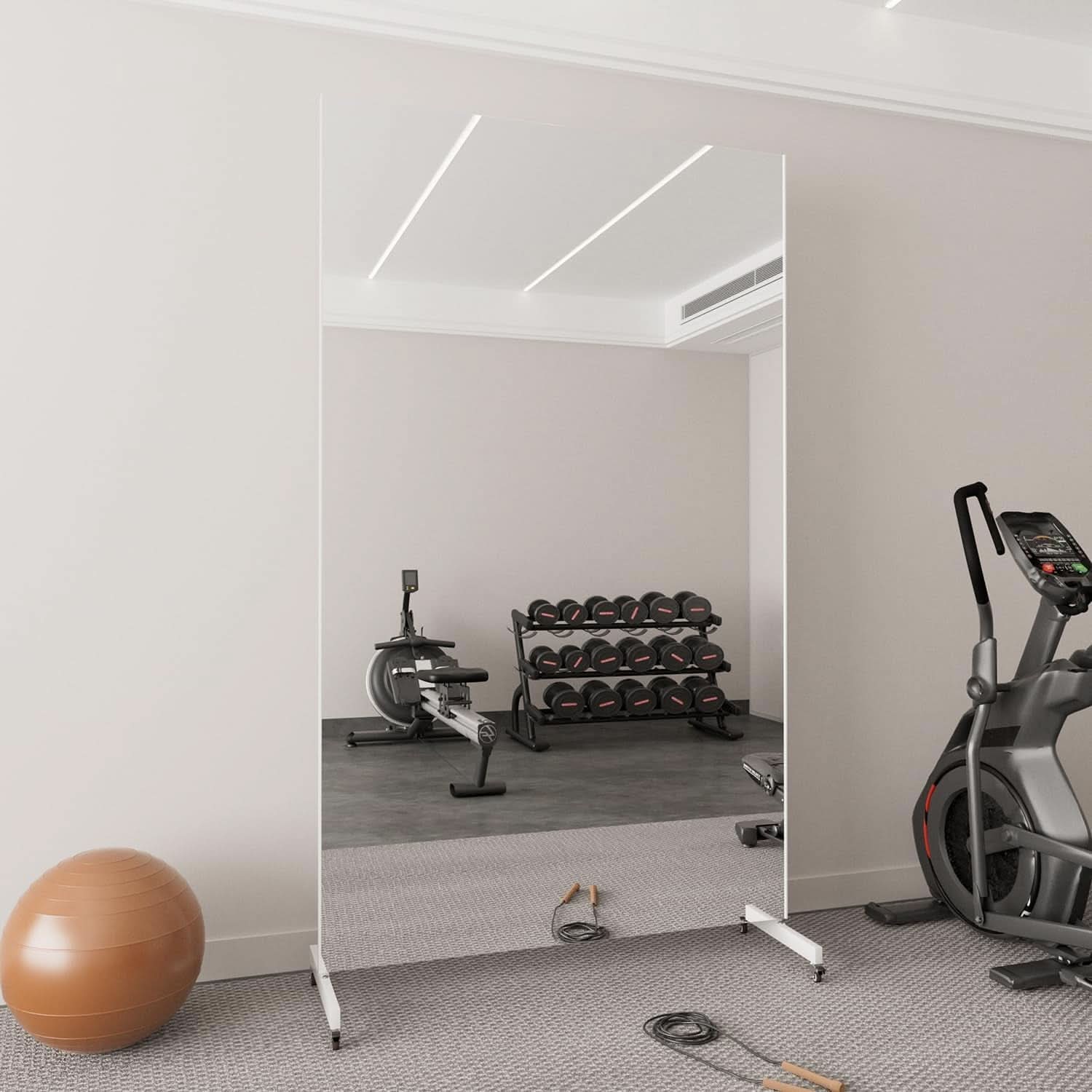 Gym Mirror 79 By 47 Inches 360 Degree Swivel Wheels White