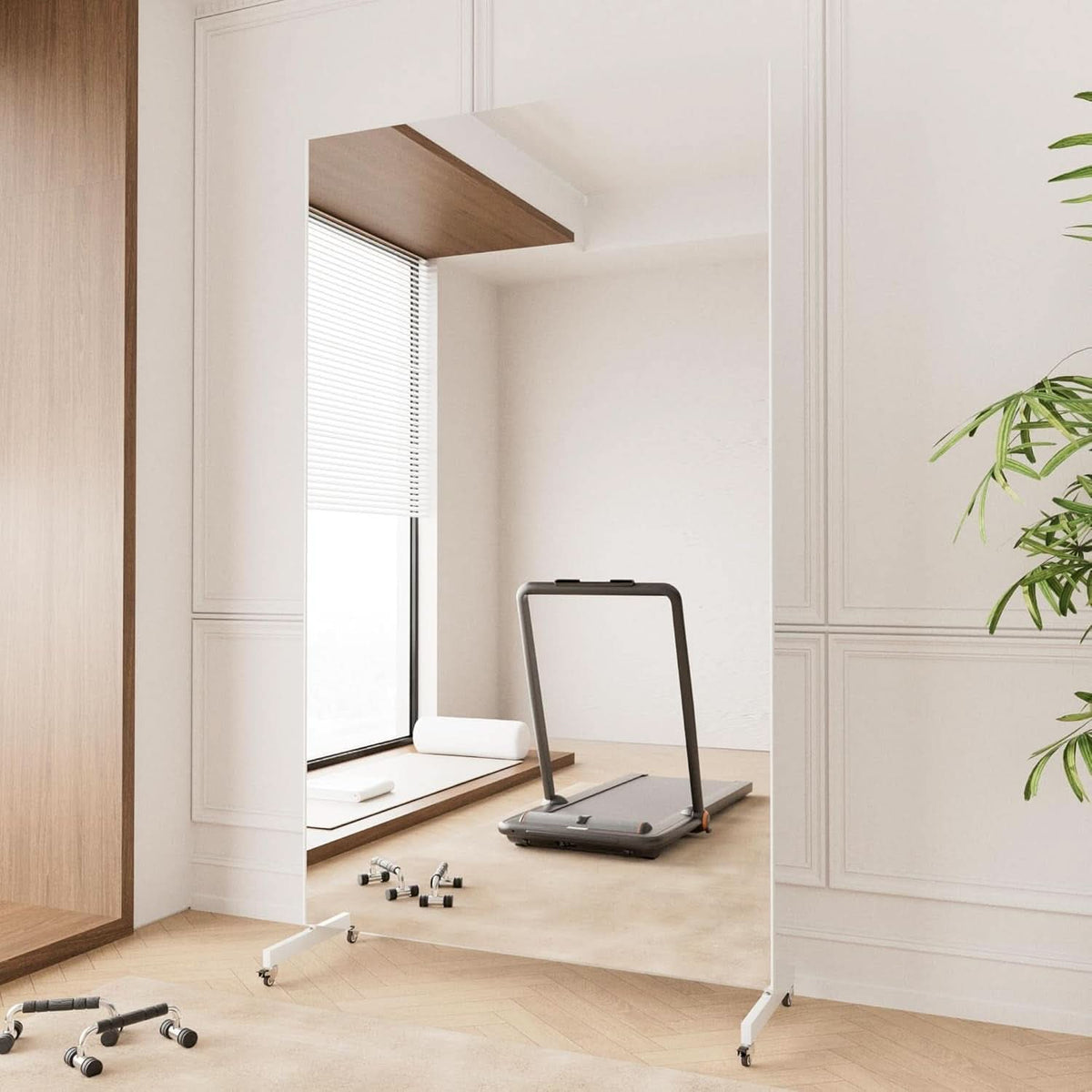 Gym Mirror 79 By 47 Inches 360 Degree Swivel Wheels White