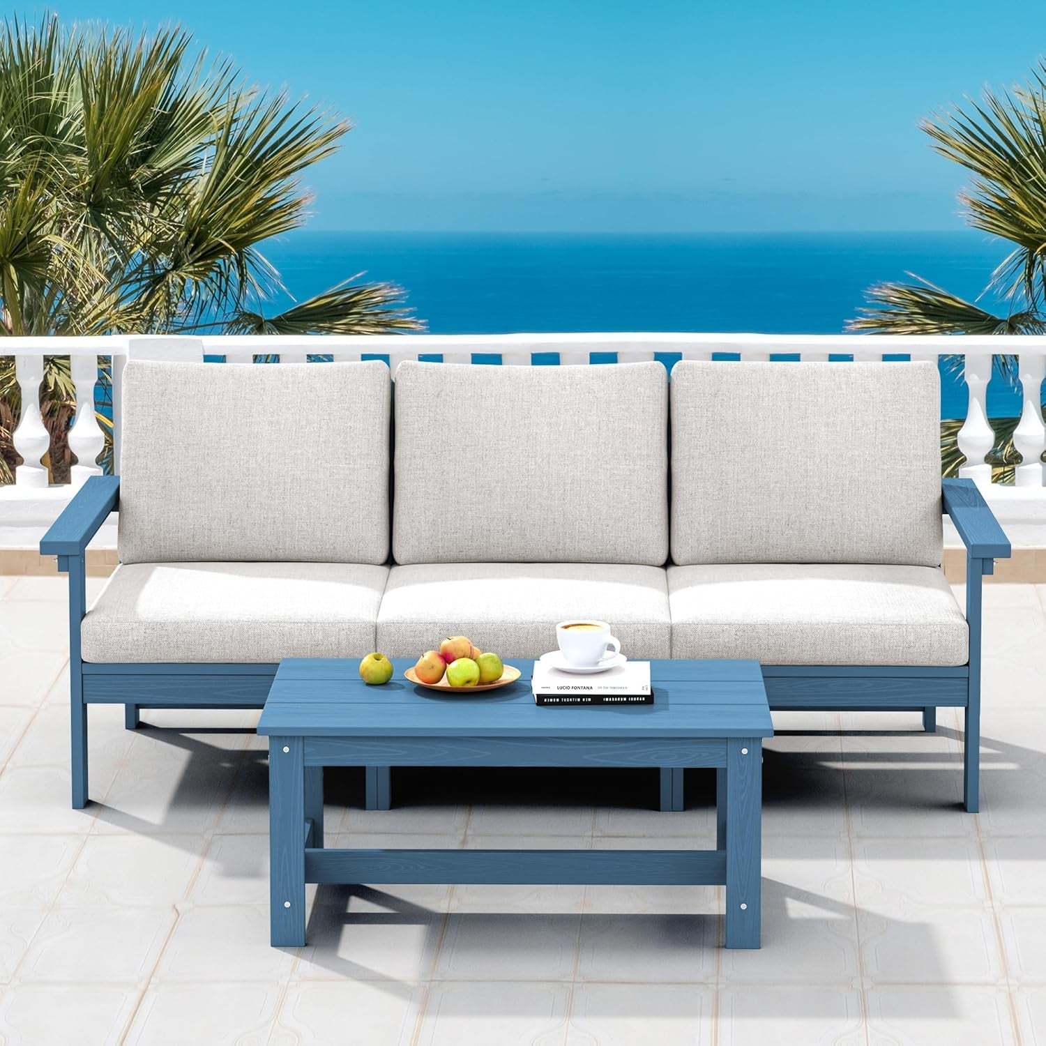 HDPE 4 Piece Patio Sofa Set Blue Frame Khaki Cushions