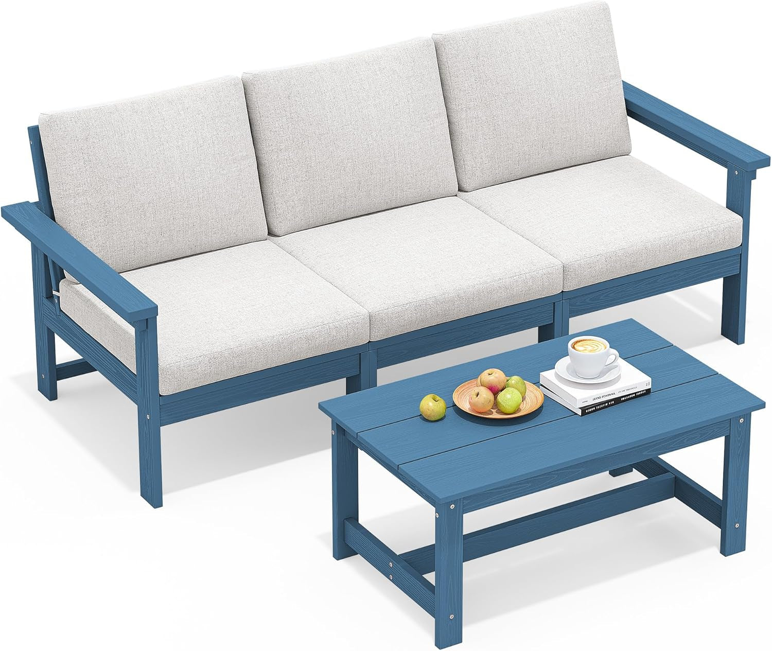 HDPE 4 Piece Patio Sofa Set Blue Frame Khaki Cushions