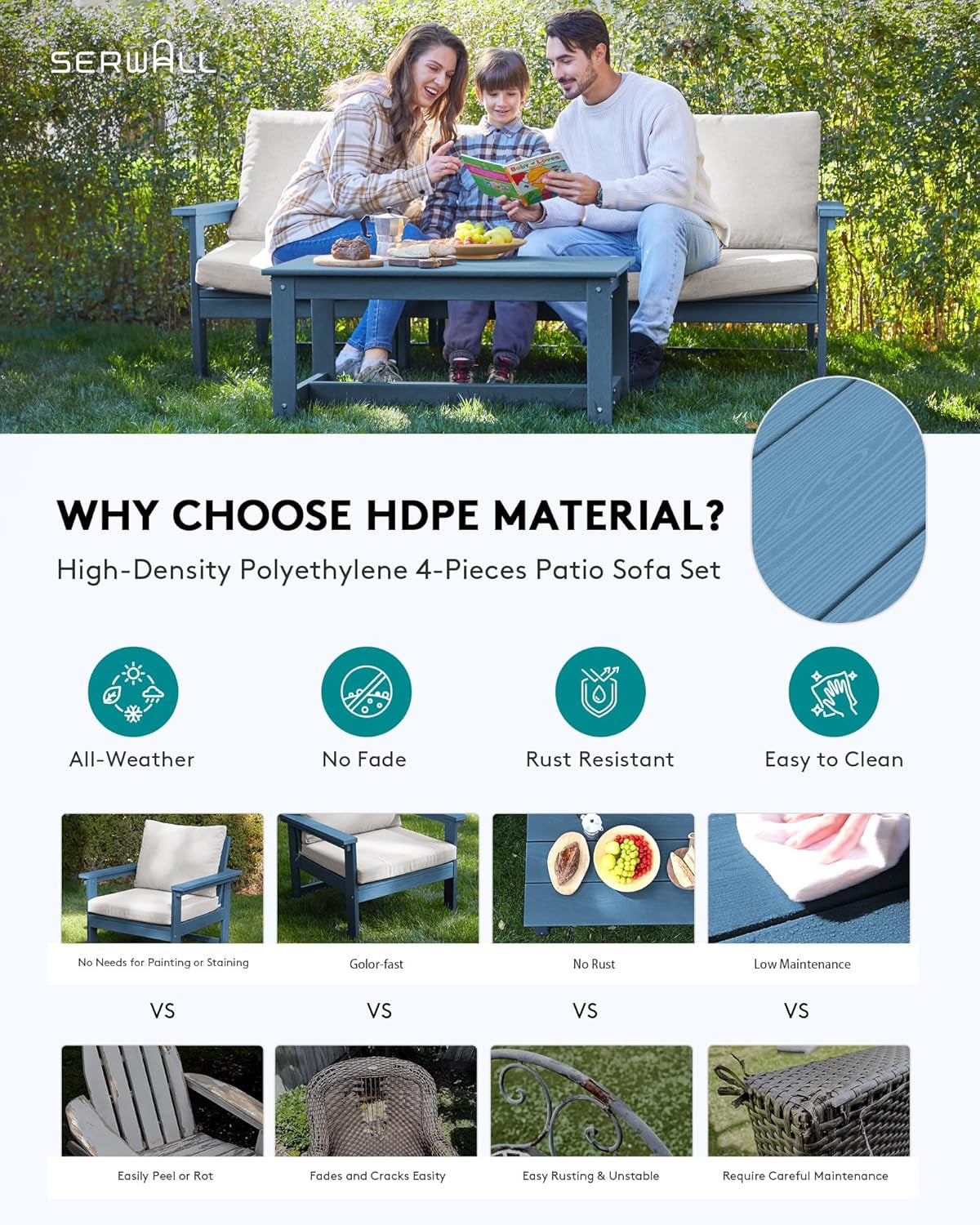 HDPE 4 Piece Patio Sofa Set Blue Frame Khaki Cushions