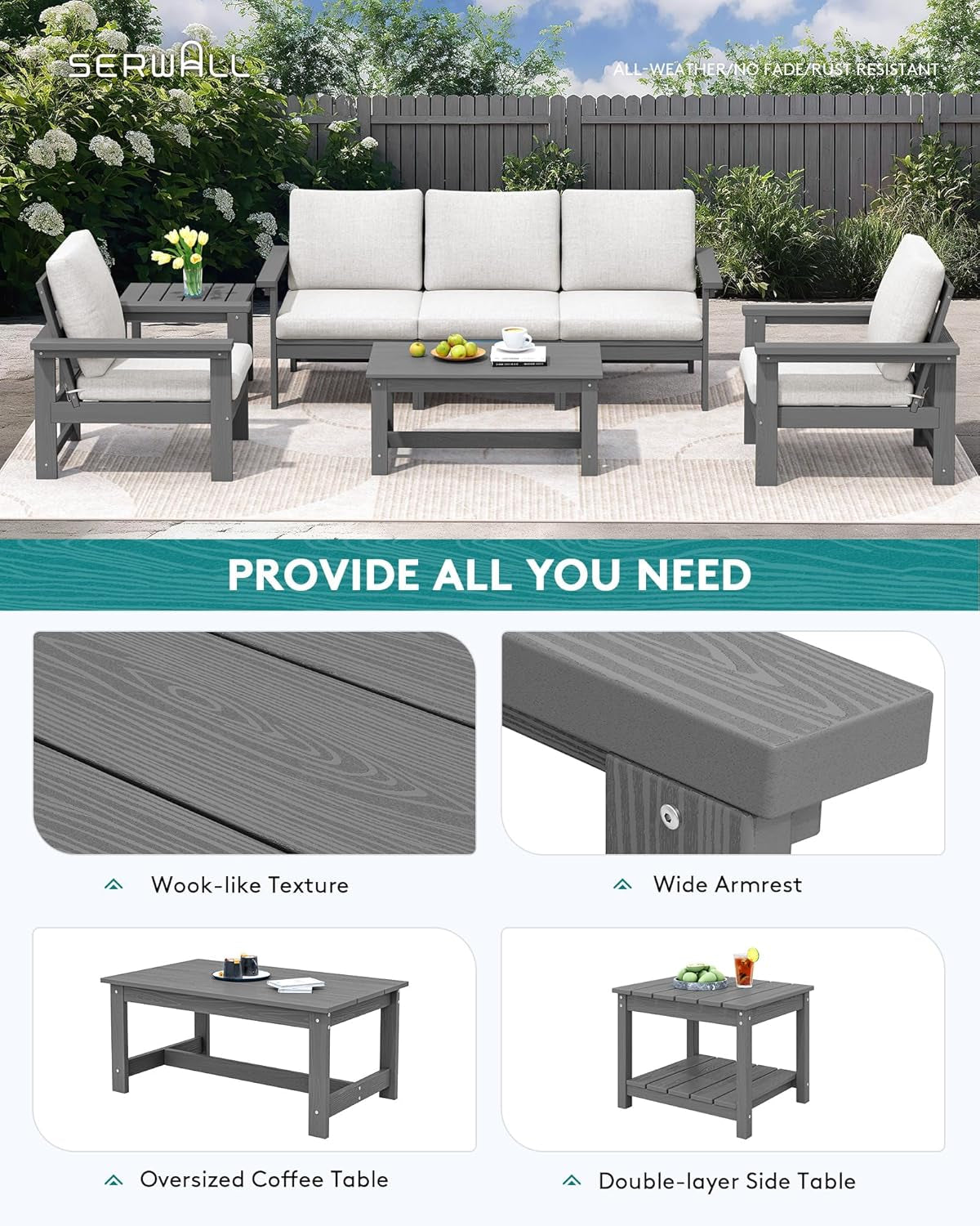 HDPE Outdoor Patio Set 7 Piece Grey Frame Khaki Cushions
