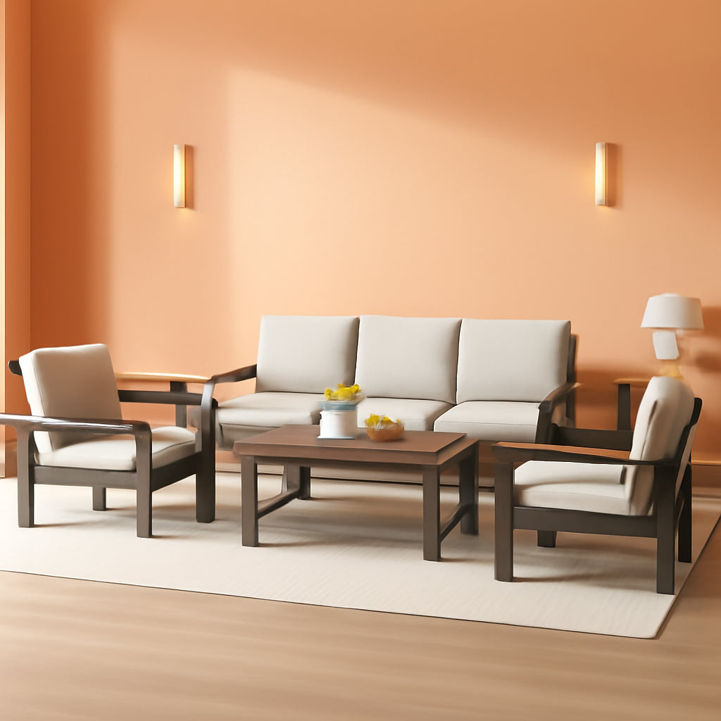 HDPE Outdoor Patio Set 7 Piece Grey Frame Khaki Cushions