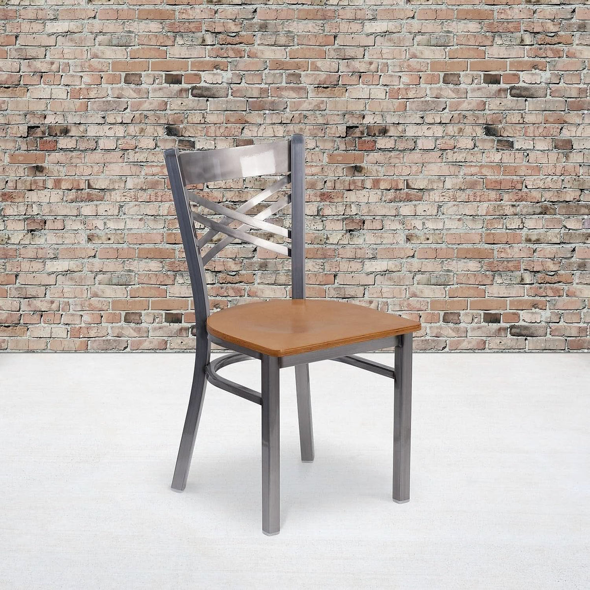 HERCULES Series Clear Coated X Back Metal Restaurant Chair 2 Pack Natural Wood Seat