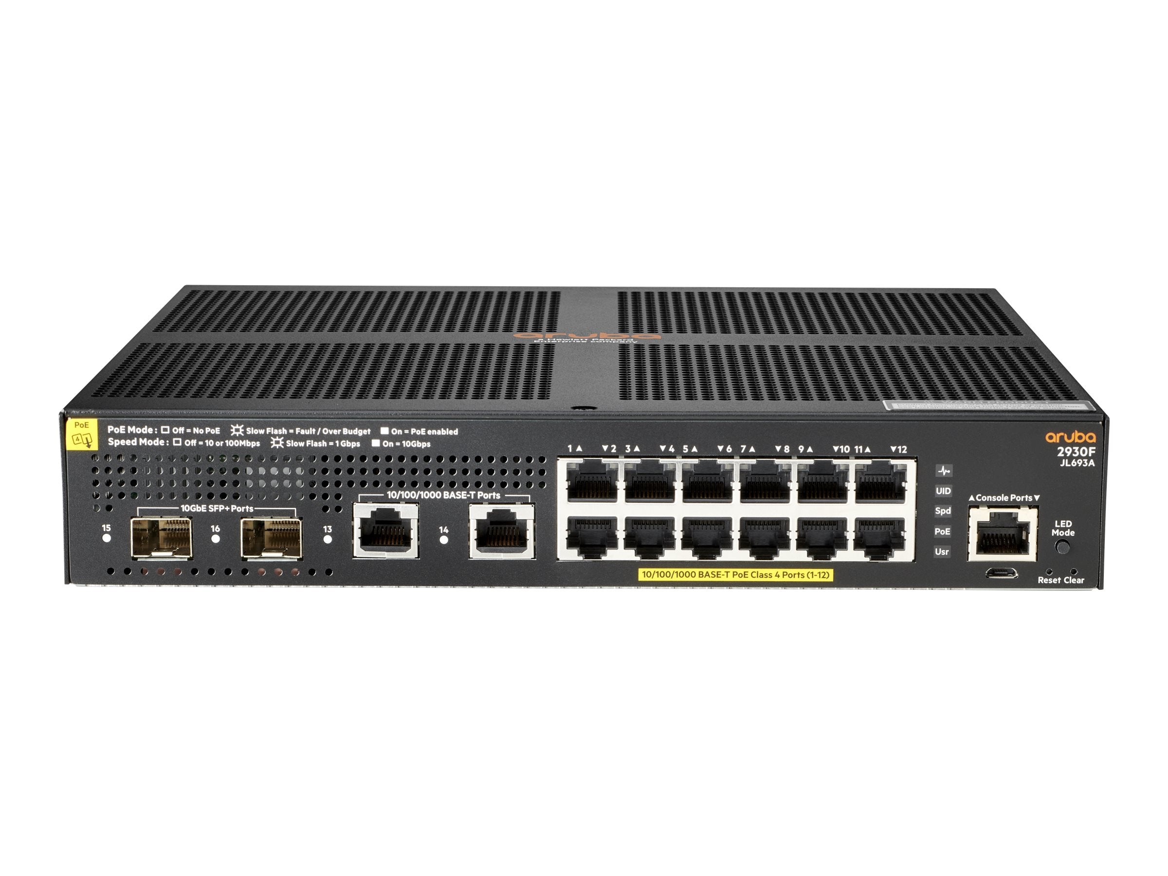 HPE Aruba 2930F 12G PoE+ 2G/2SFP+ - Switch - L3 - managed - 12 x 10/100/1000 (PoE+) + 2 x 1 Gigabit / 10 Gigabit SFP+ (uplink) JL693A#B2E