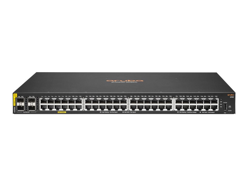 HPE Aruba 6100 48G Class4 PoE 4SFP+ 370W Switch - Switch - managed - 48 x 10/100/1000 (PoE+) + 4 x 1 Gigabit / 10 Gigabit SFP+ JL675A#B2E
