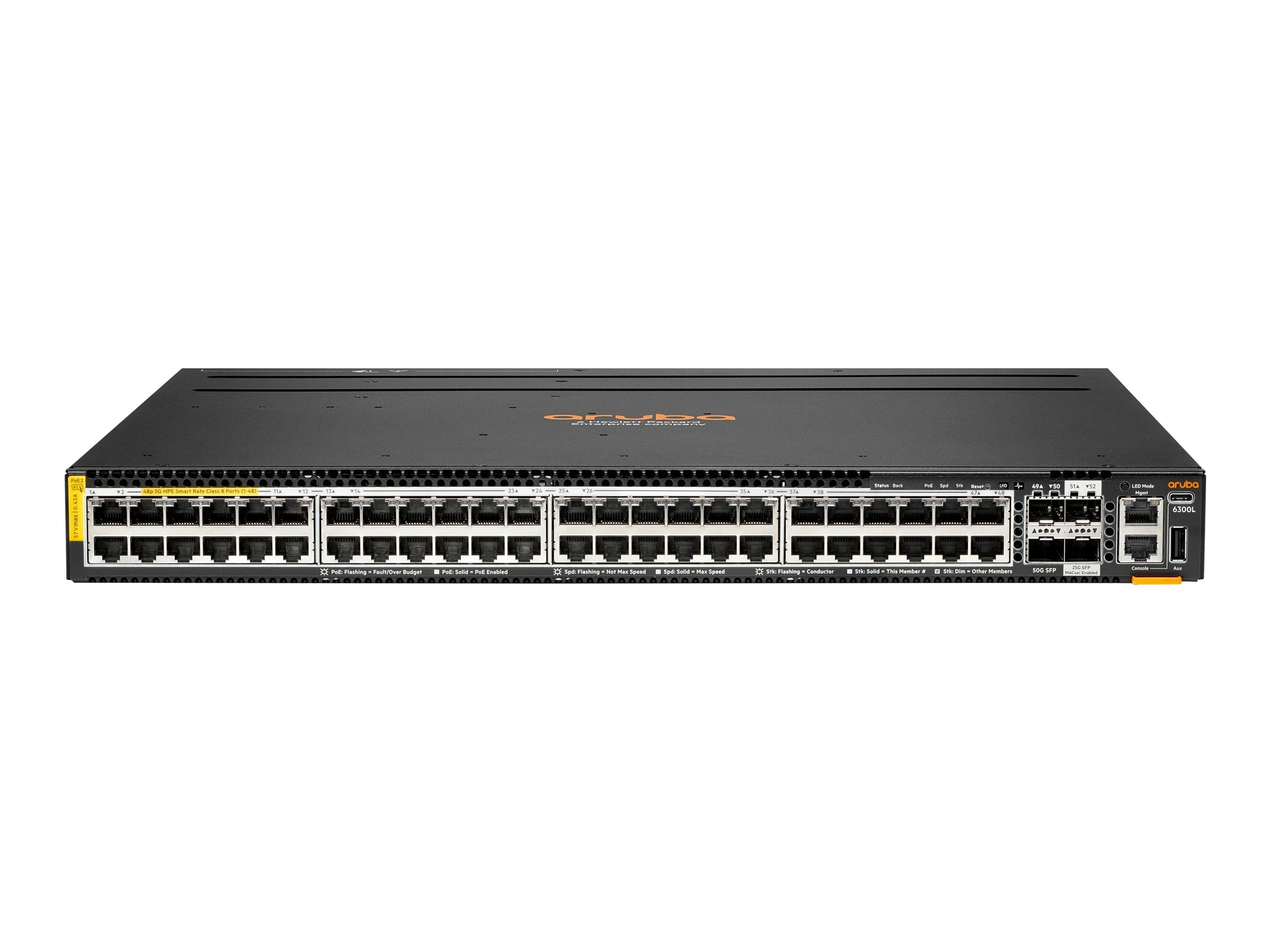 HPE Aruba Networking 6300L 48p Smart Rate 100M/1G/2.5G/5G CL8 2p SFP56 50G 2p SFP28 25G L2 Switch - Switch - L3 - 48 x 100/1000/2.5G/5G S3L76A