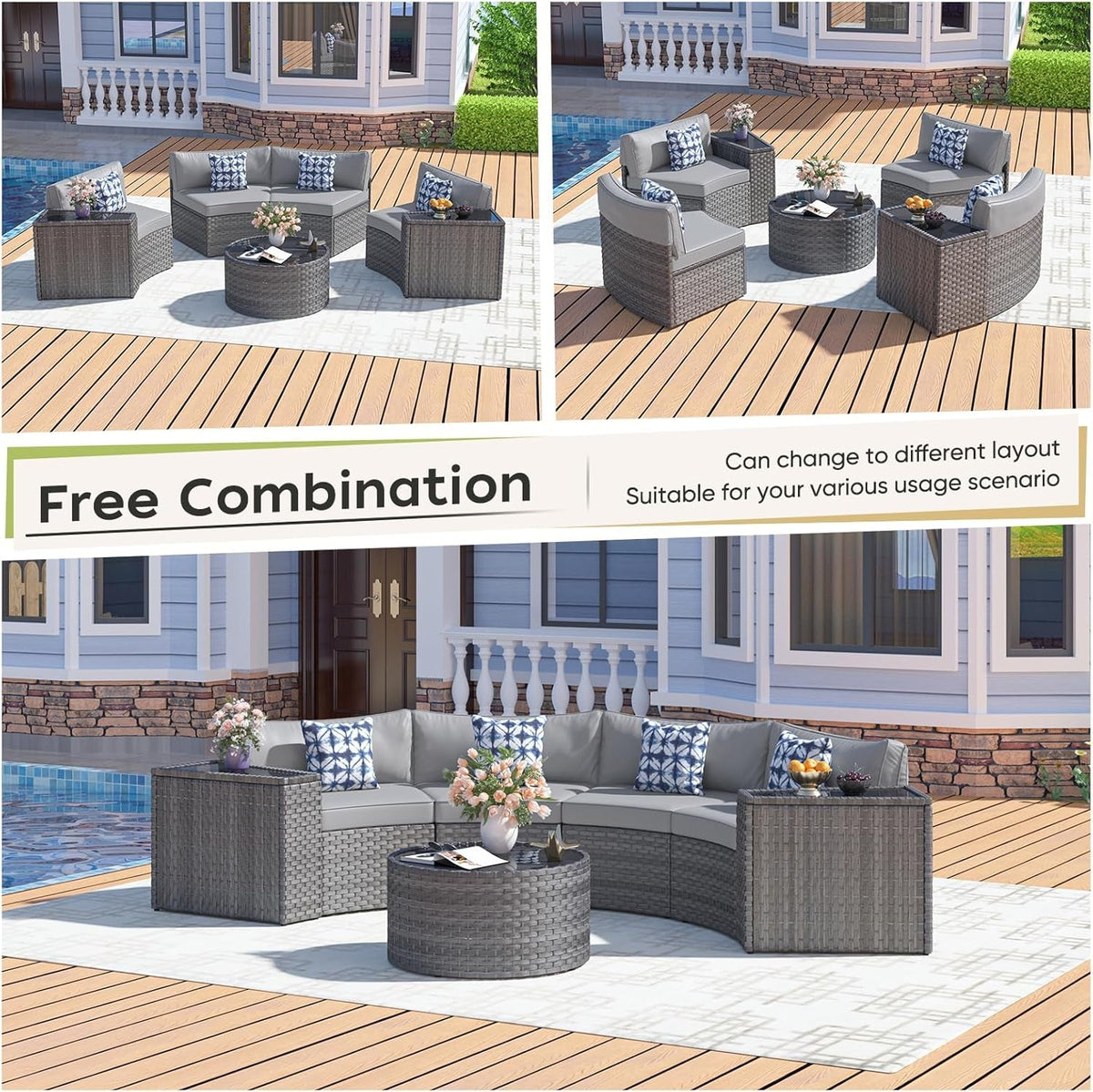 Half Moon Curved Outdoor Patio Furniture Set Grey