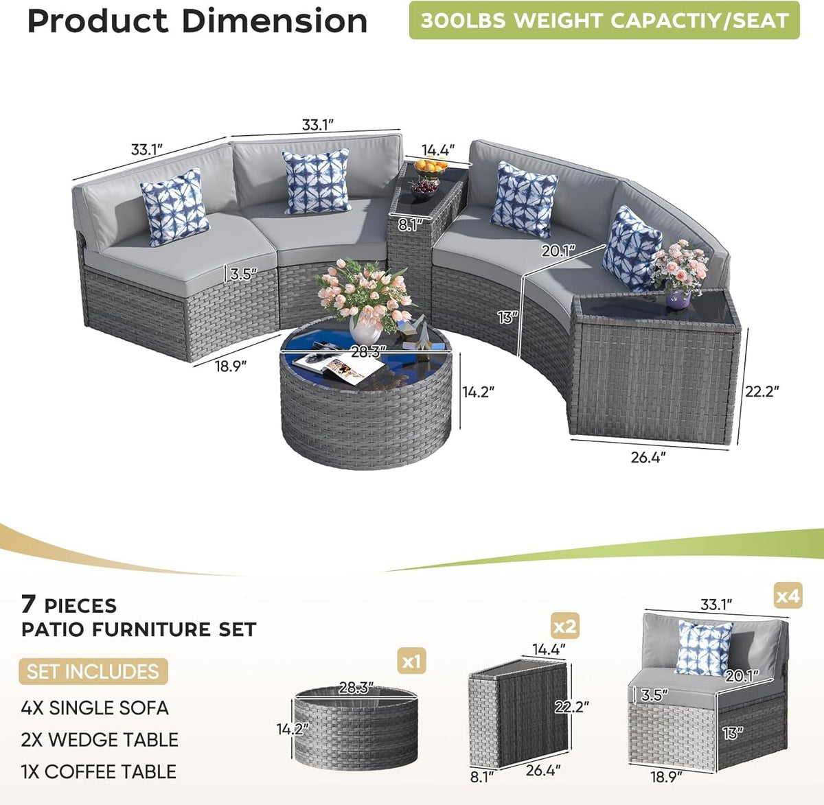 Half Moon Curved Outdoor Patio Furniture Set Grey