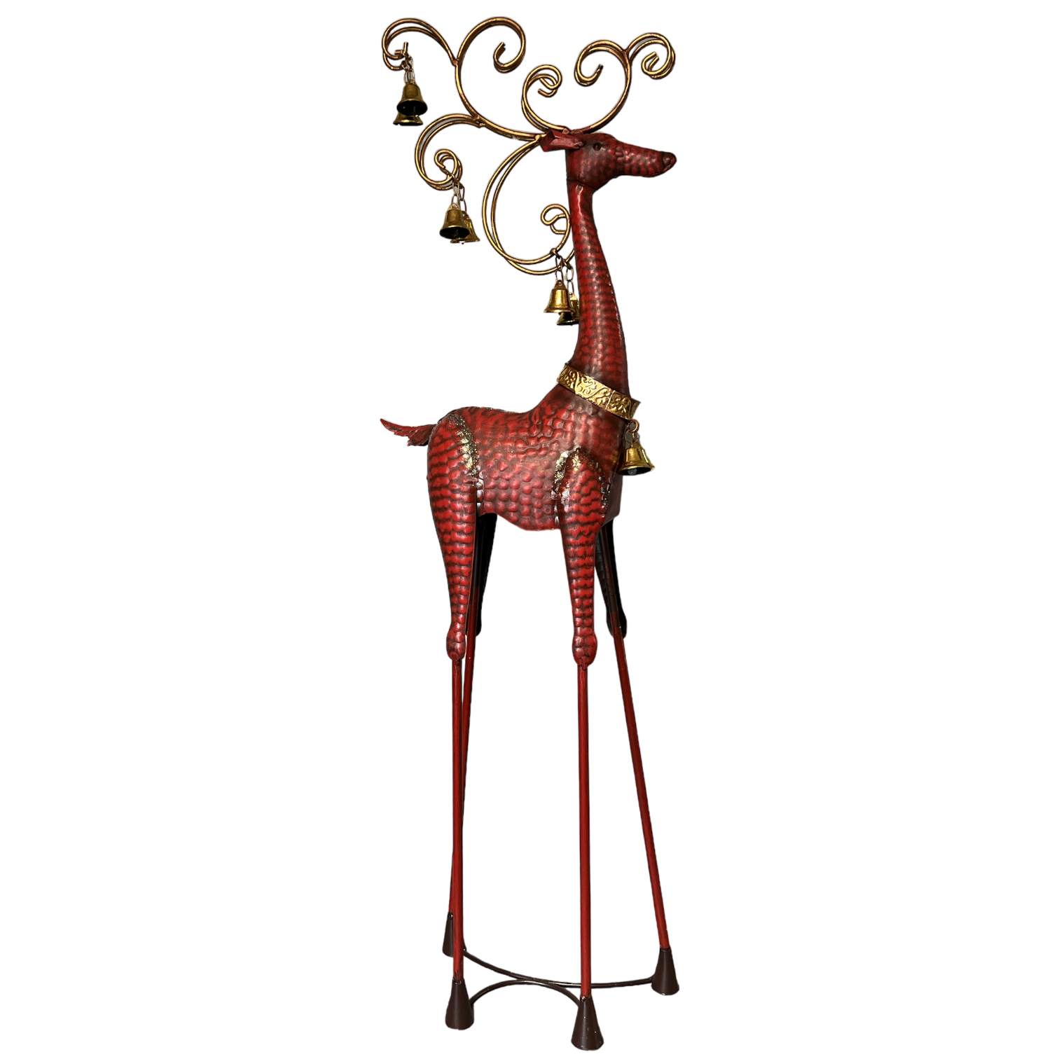 Hammered Red Metal Reindeer with Bells - Head Up