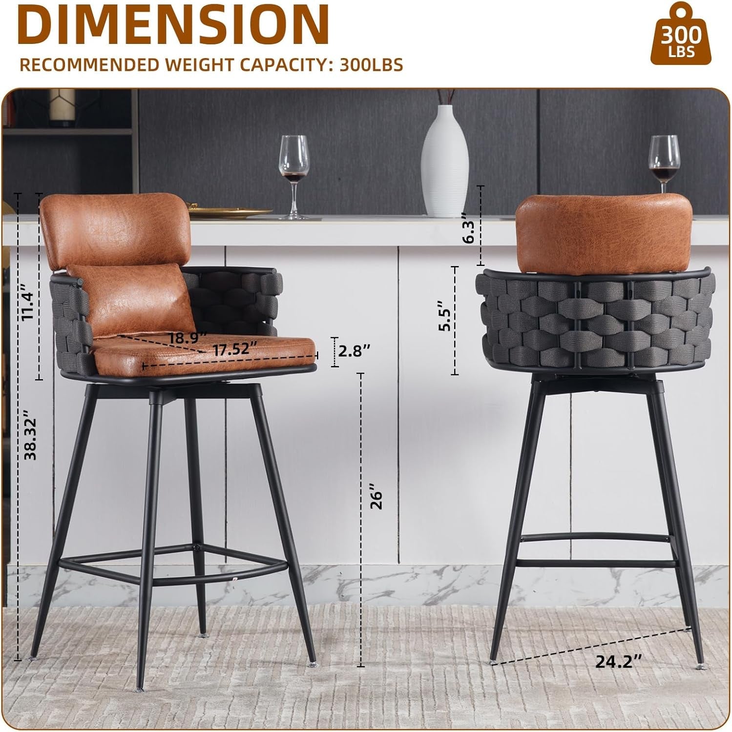 Hand Woven Counter Height Bar Stools Set of Two