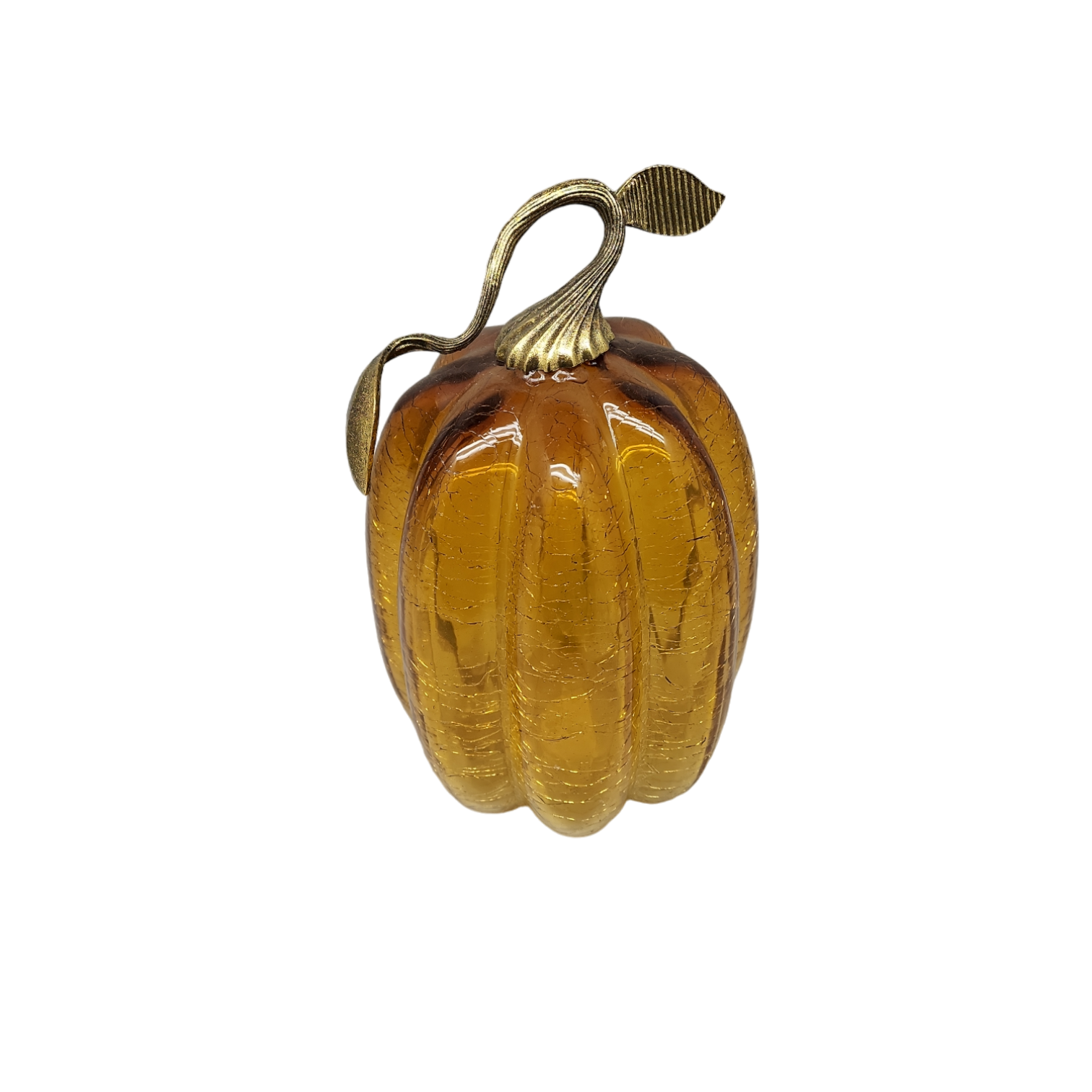 Handblown Glass Amber Pumpkin with Metal Stem - 9 Inch