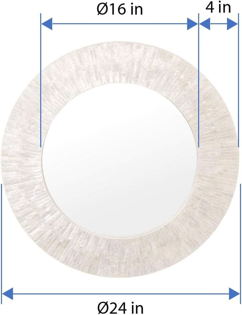 Handcrafted Pearlescent White Capiz Seashell Sunray Wall Mirror 24 Inch Diameter