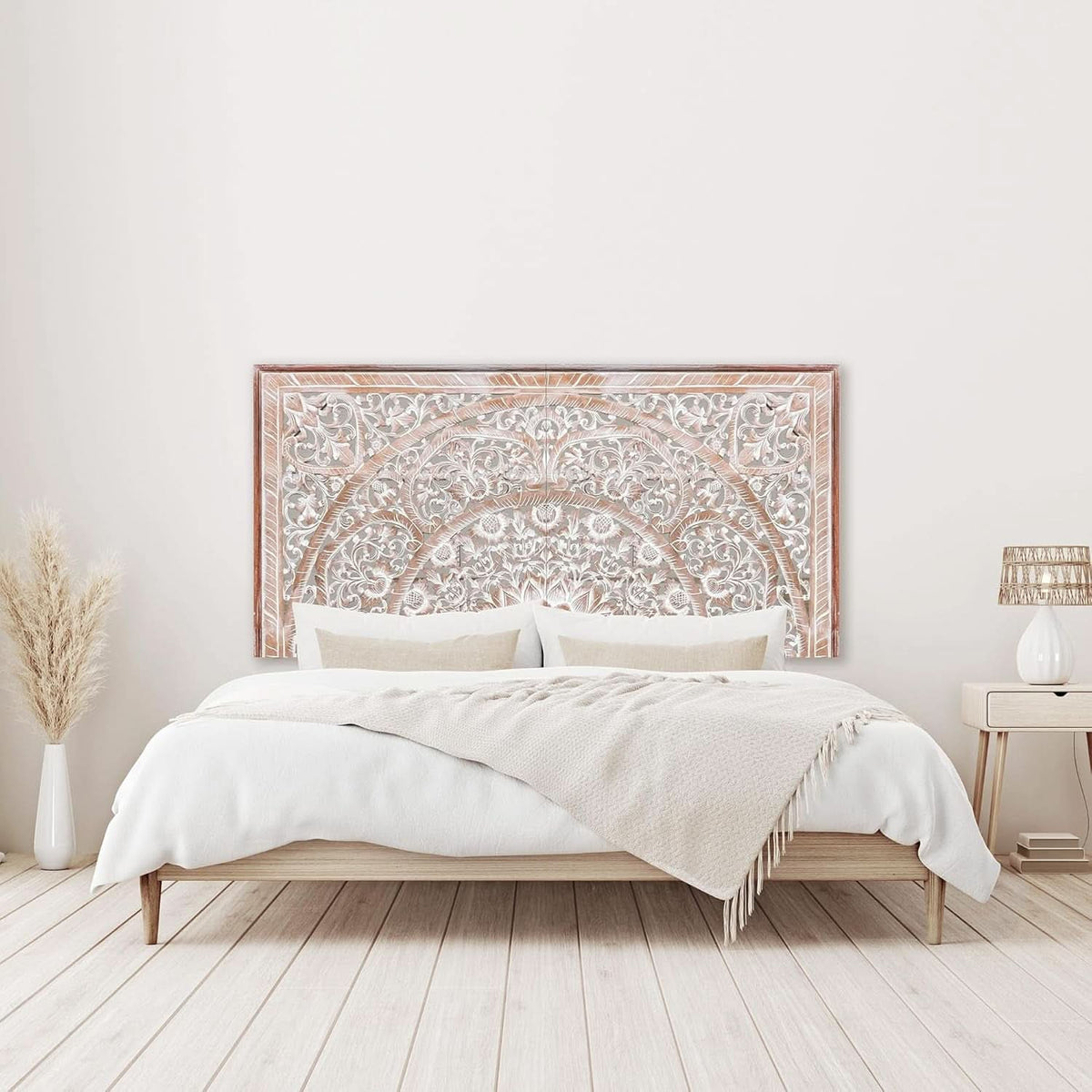 Handcrafted White-Wash Wooden Queen Headboard with Carved Design