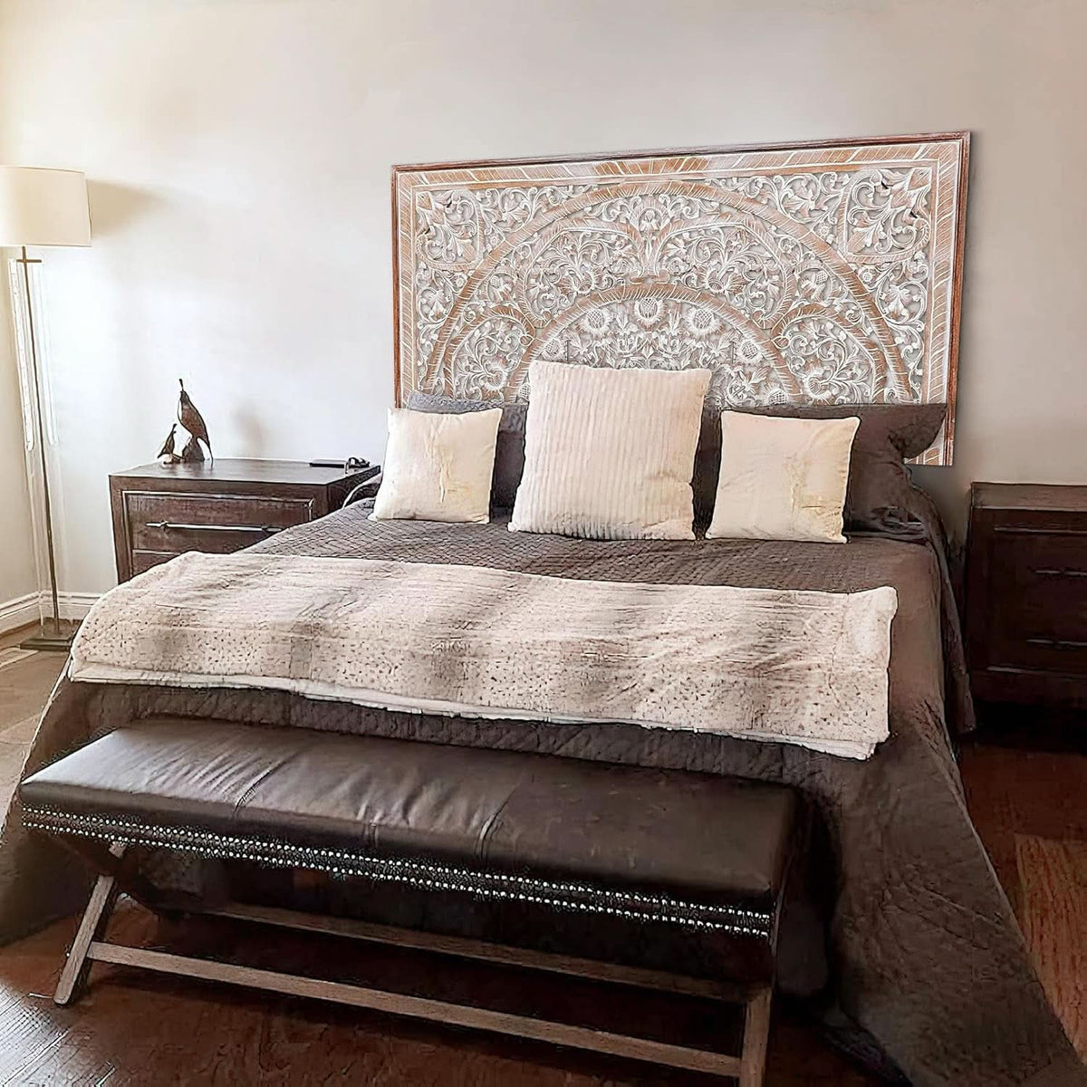 Handcrafted White-Wash Wooden Queen Headboard with Carved Design