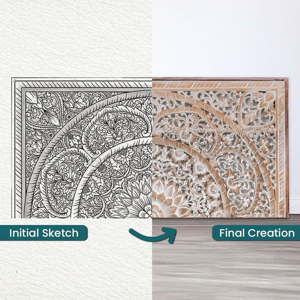 Handcrafted White-Wash Wooden Queen Headboard with Carved Design