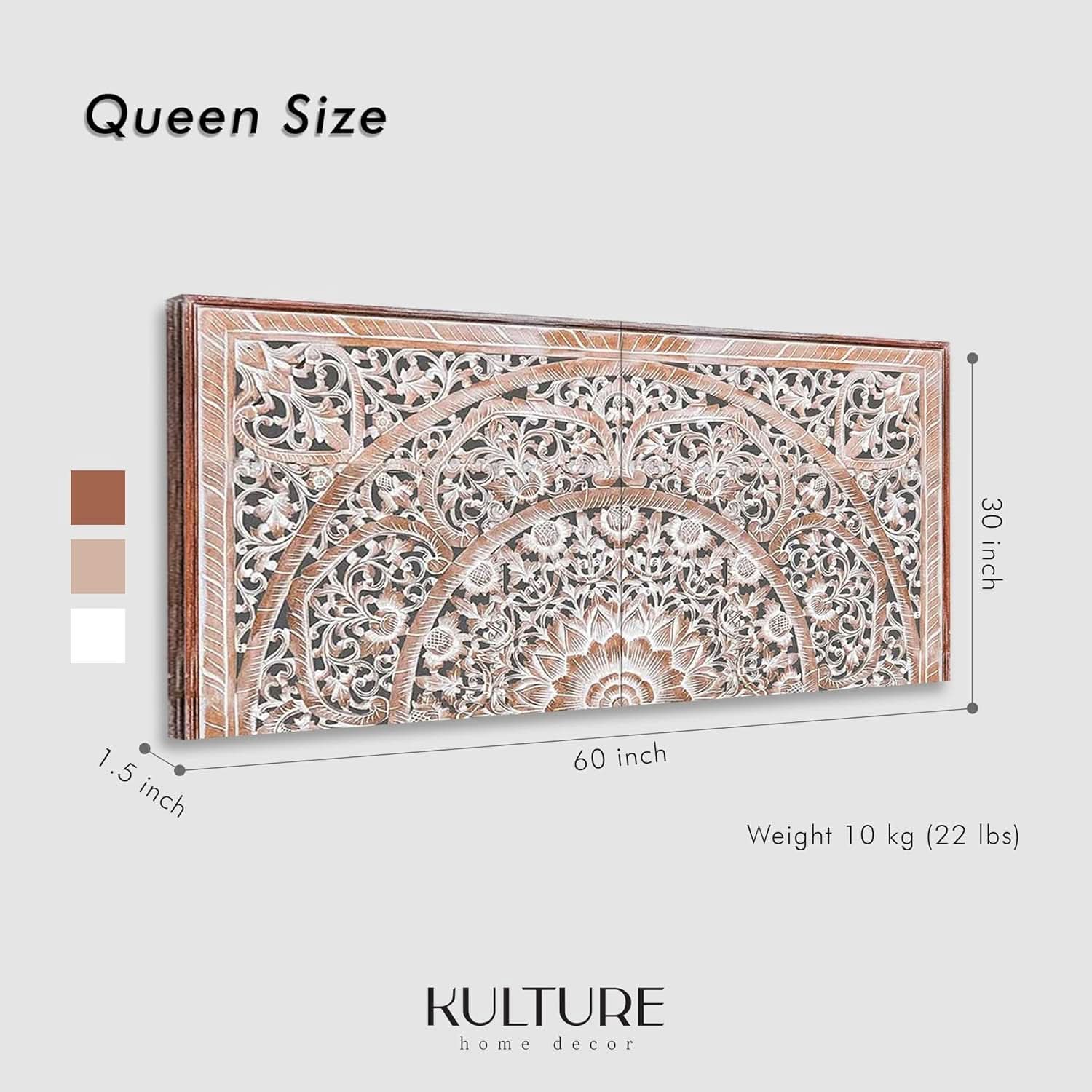 Handcrafted White-Wash Wooden Queen Headboard with Carved Design