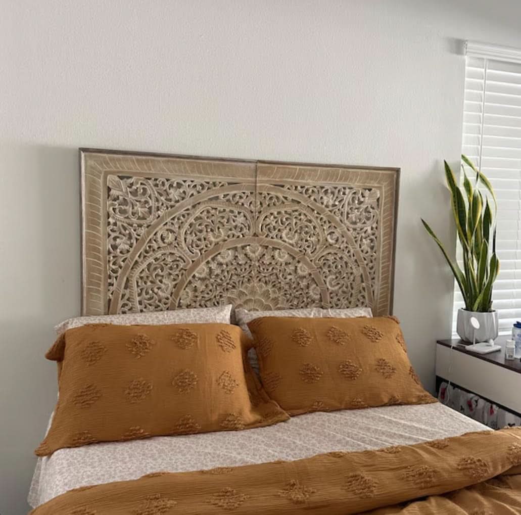 Handcrafted White-Wash Wooden Queen Headboard with Carved Design