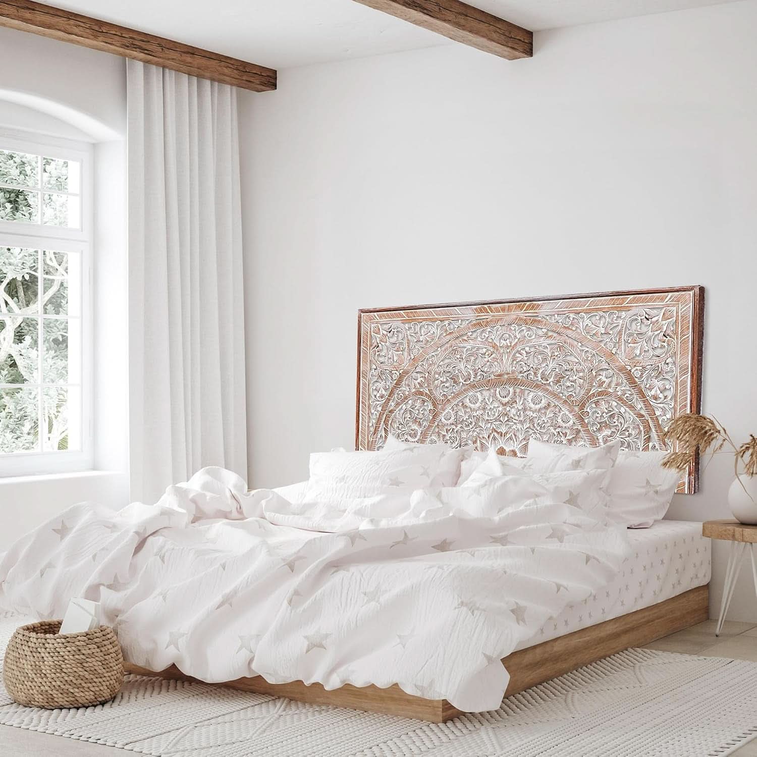Handcrafted White-Wash Wooden Queen Headboard with Carved Design