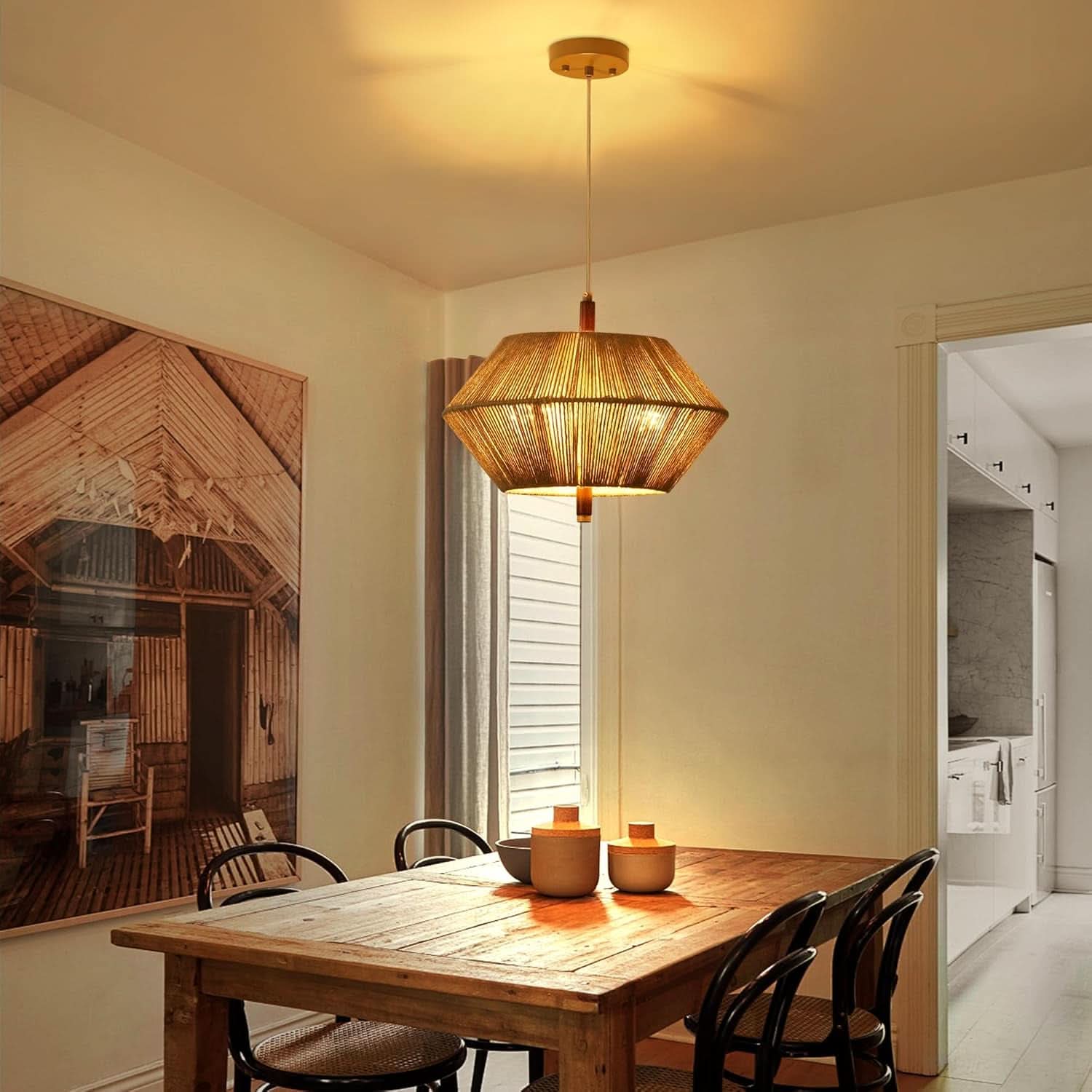 Handwoven Cotton Rope Shade Chandelier With Oak Frame