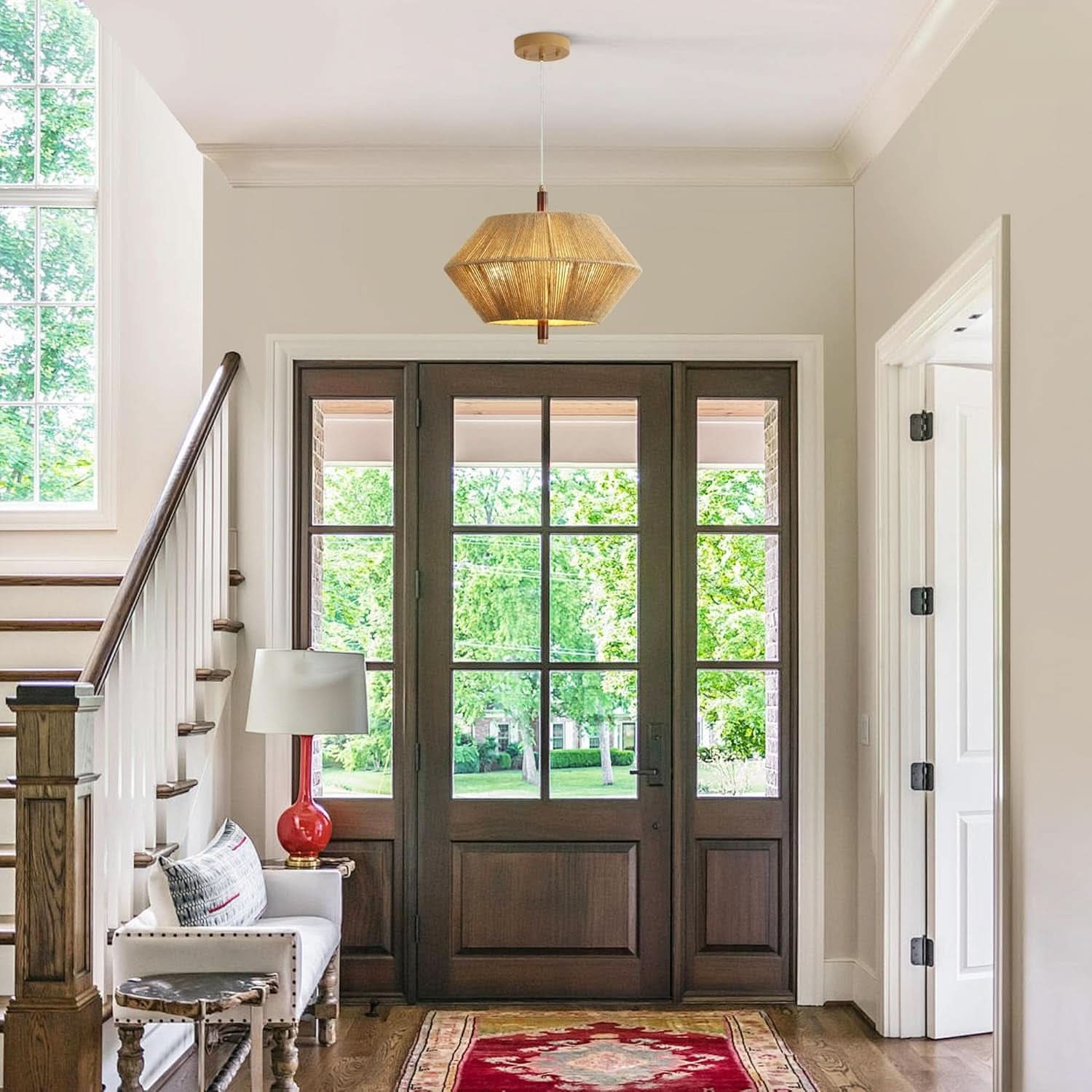 Handwoven Cotton Rope Shade Chandelier With Oak Frame